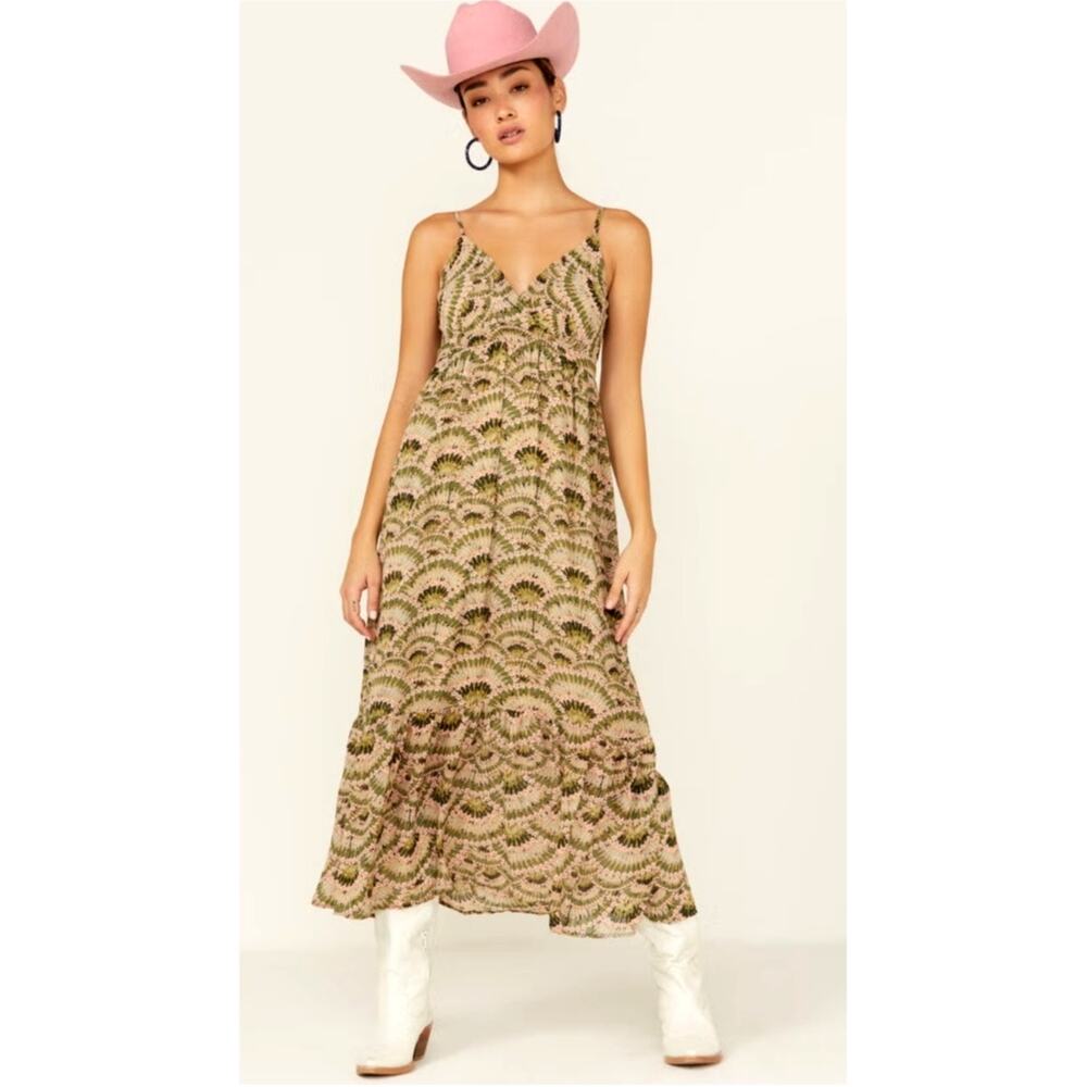 5287) Molly Brecken Tropical Khaki Green Print Ruffle Tiered Midi Dress XL - Picture 1 of 10